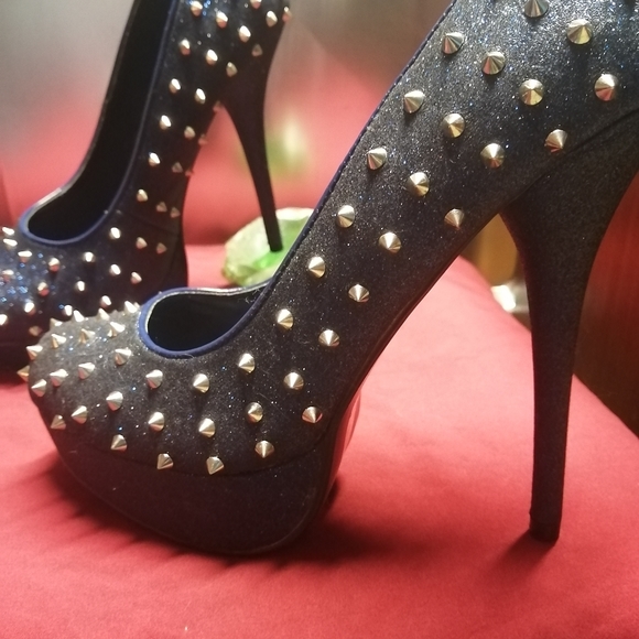 Midnight blue sparkly studded heels - Picture 1 of 8